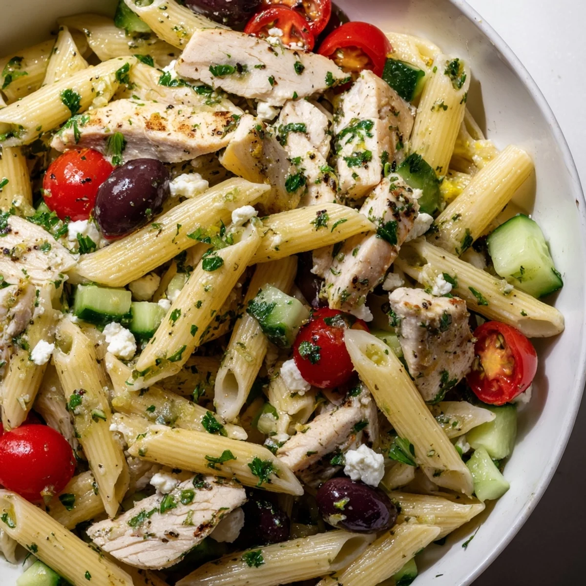 Tossing a Mediterranean Greek Chicken Pasta Bowl with olives and red onion, dressed in olive oil and oregano, ready for a refreshing dinner.