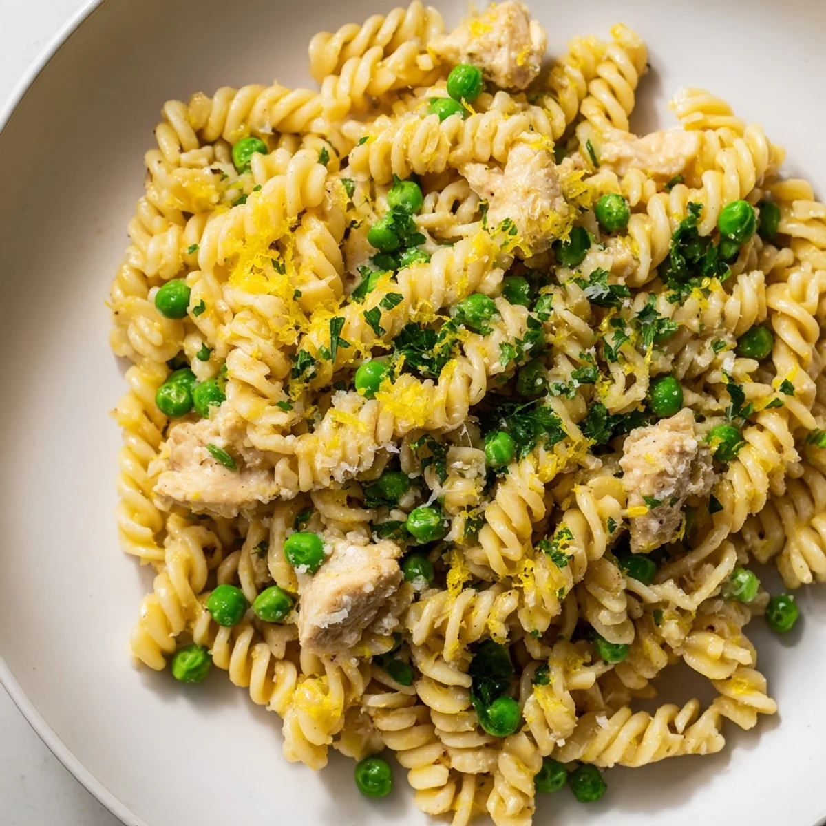 Golden-brown chicken pieces and sweet green peas nestled in al dente fusilli pasta, all tossed in a glossy garlic butter sauce.