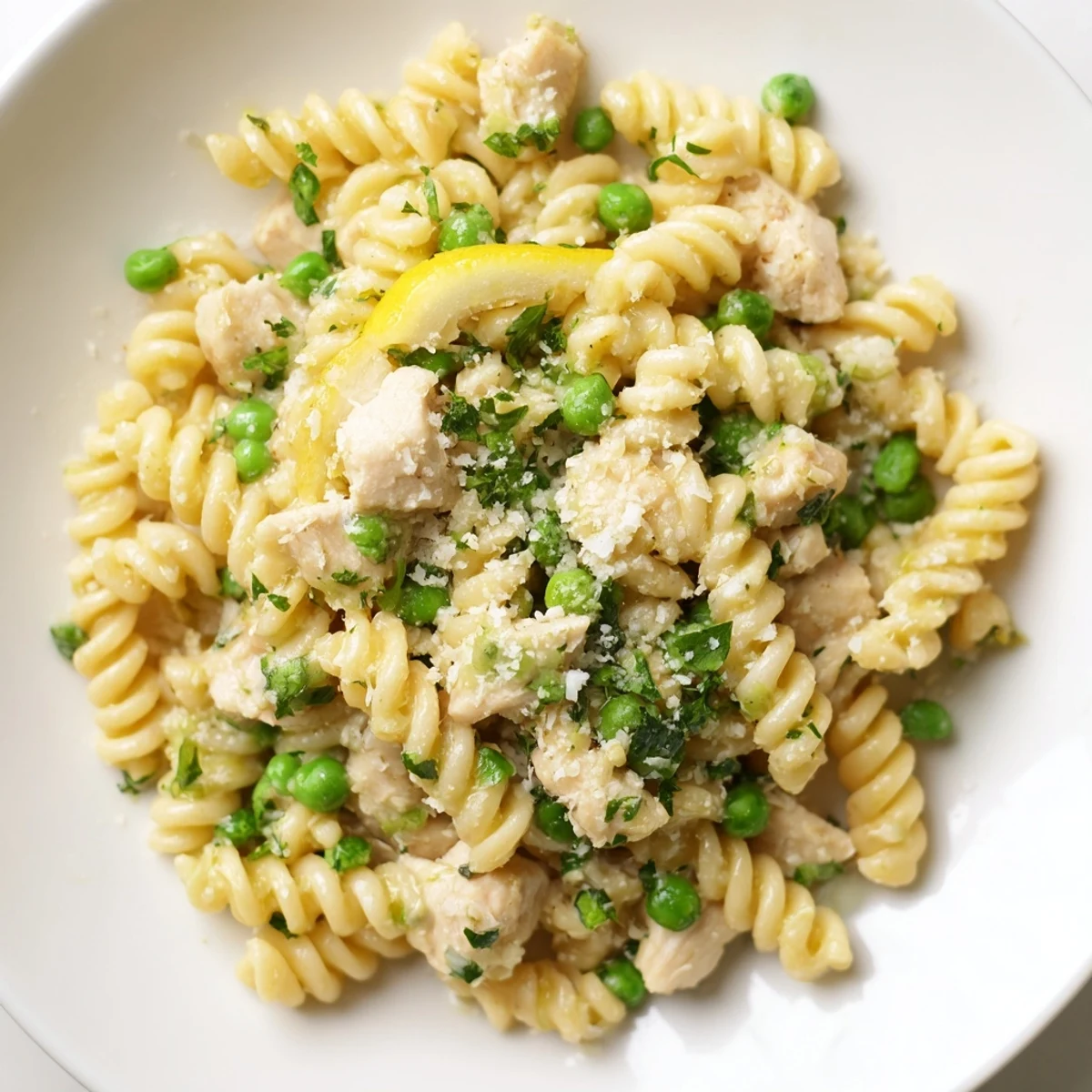 A close-up of tender chicken and peas in a creamy garlic butter sauce, served over curly pasta for a comforting dinner.