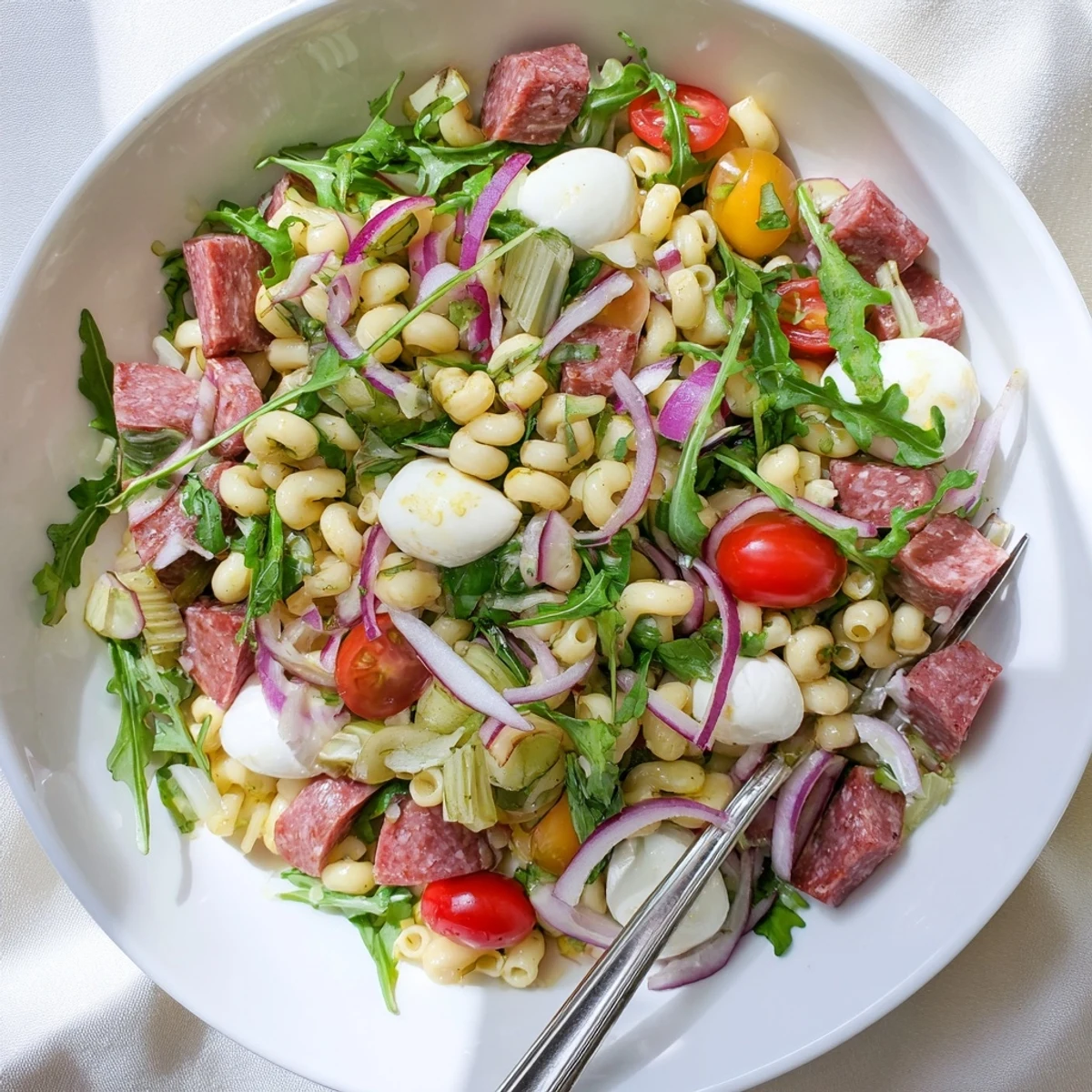 Vibrant Spring Antipasto Pasta Salad served as a main dish, garnished with fresh herbs and ready for a spring gathering.