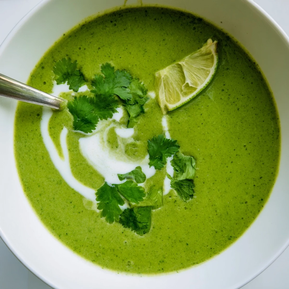A vibrant green bowl of Spinach Coriander Lemongrass Soup garnished with fresh cilantro and lime wedges.