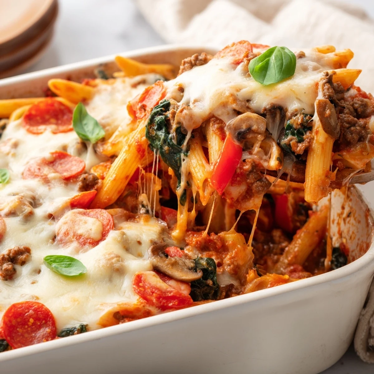 Golden bubbling mozzarella and Parmesan blanket the hearty High Protein Italian Beef and Pasta Bake, with turkey pepperoni peeking through.  