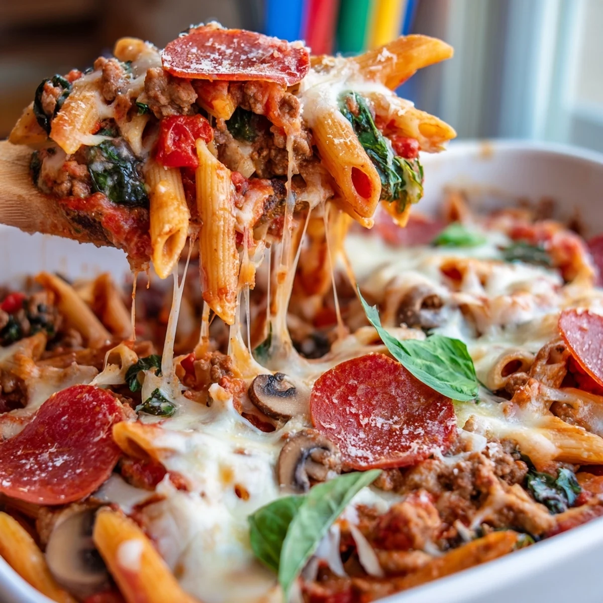 Fresh basil leaves add a pop of green to the savory, pizza-inspired High Protein Italian Beef and Pasta Bake cooling on a countertop.