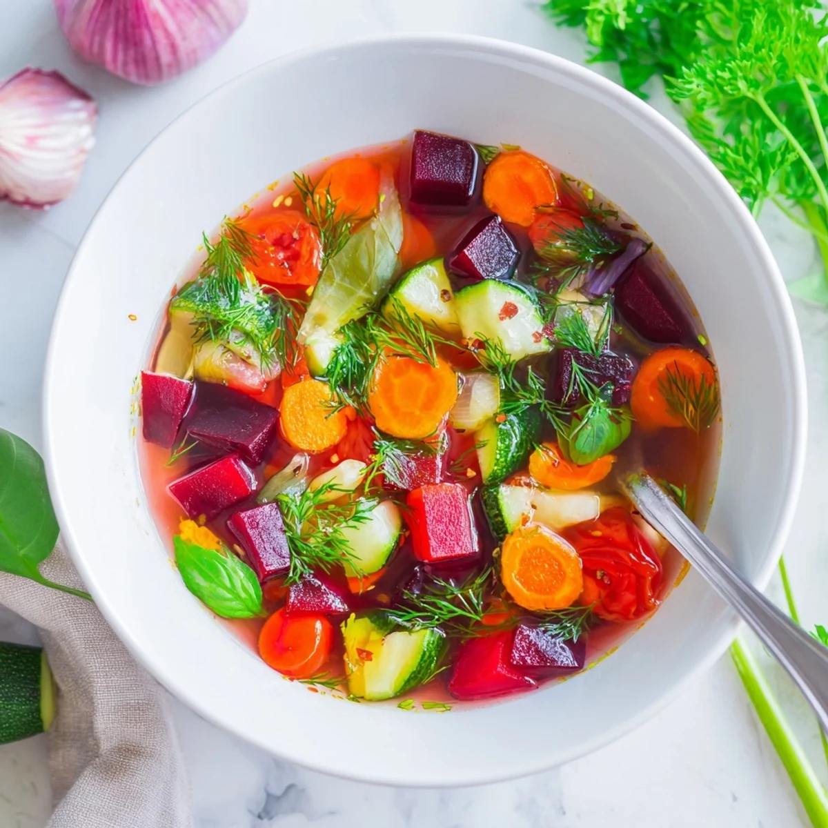 A steaming bowl of Rainbow Vegetable Detox Soup, featuring vibrant beets, carrots, and zucchini in a clear broth, garnished with fresh parsley.