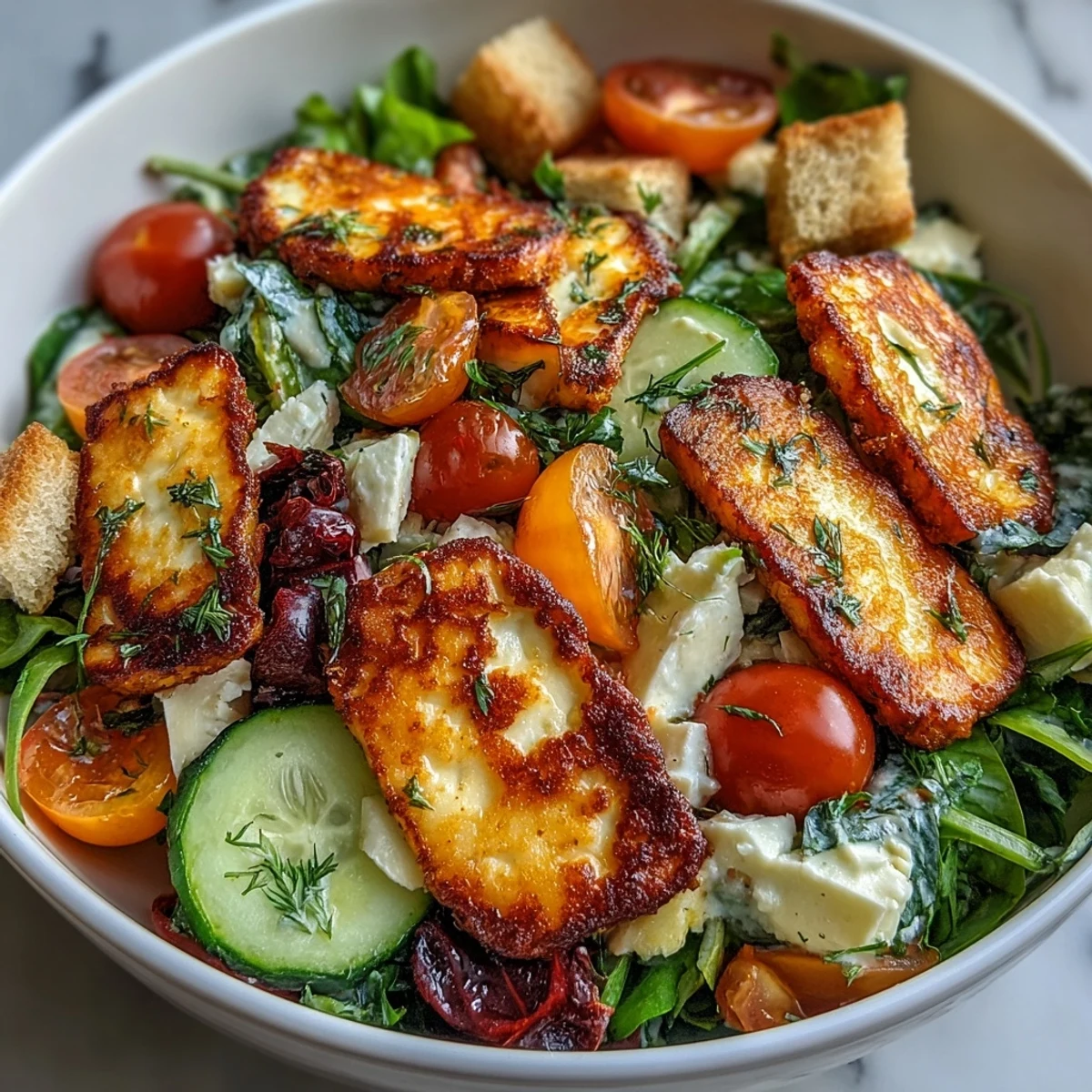 Halloumi Blood Orange Fattoush: golden halloumi, citrus, and crisp croutons in a bright salad.