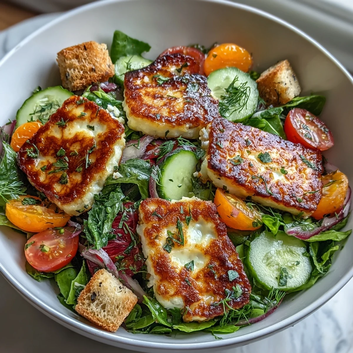 Juicy blood orange and fried halloumi top this fresh Fattoush salad, perfect for lunch.