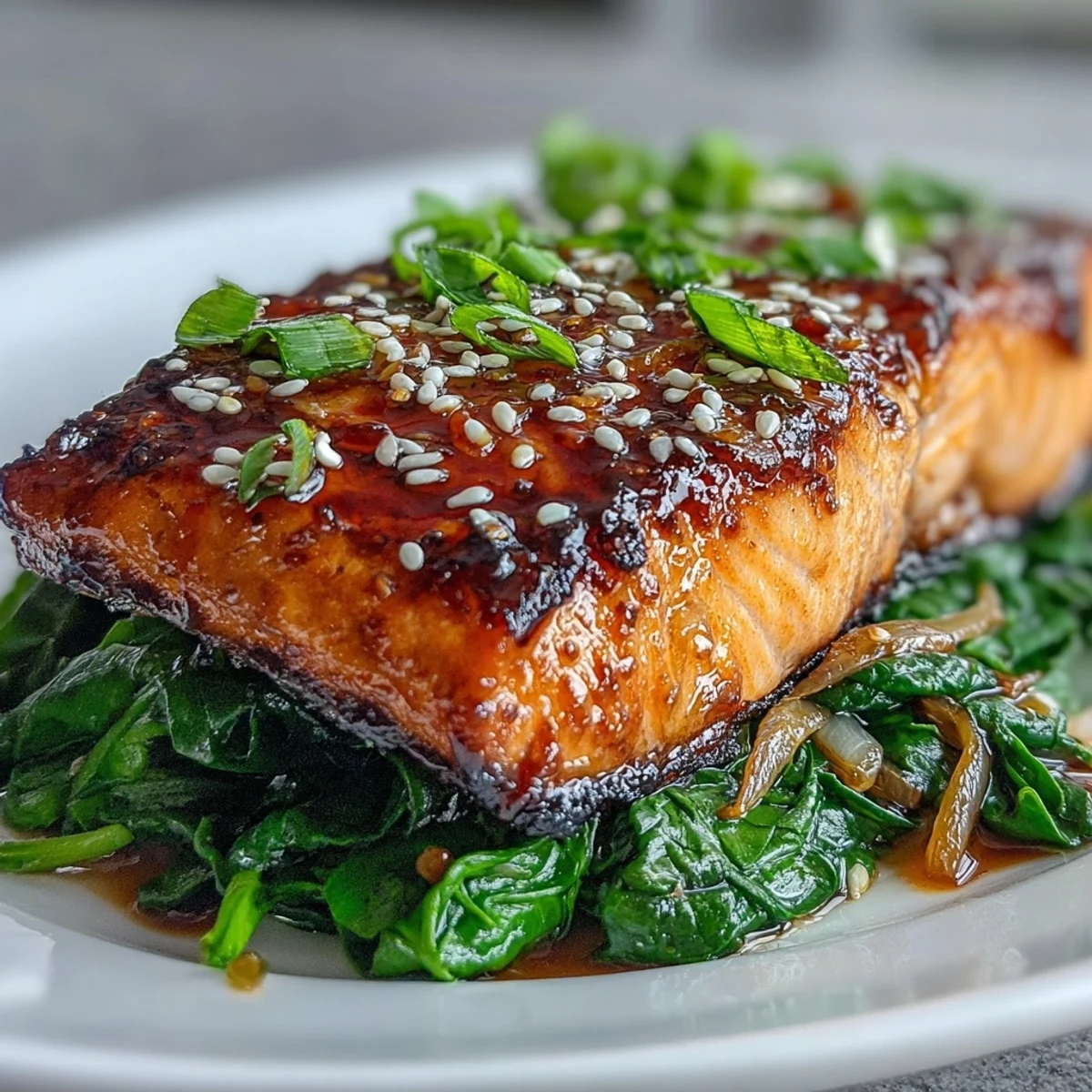 Flaky miso salmon fillets nestled on vibrant sautéed spinach, ready to enjoy.