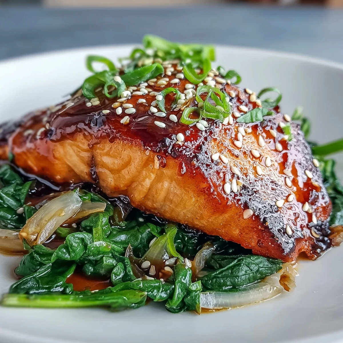 Miso salmon on sautéed spinach, a delicious and healthy glaze glistening.