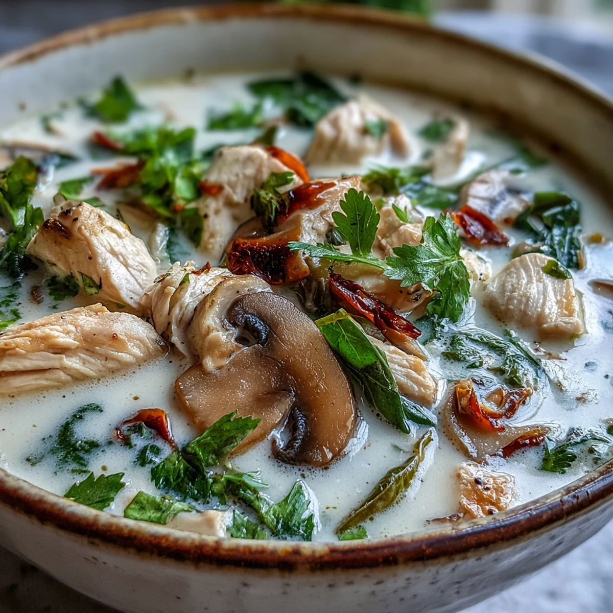 Creamy Authentic Tom Kha Gai soup with tender chicken, vibrant herbs, and a rich coconut broth.