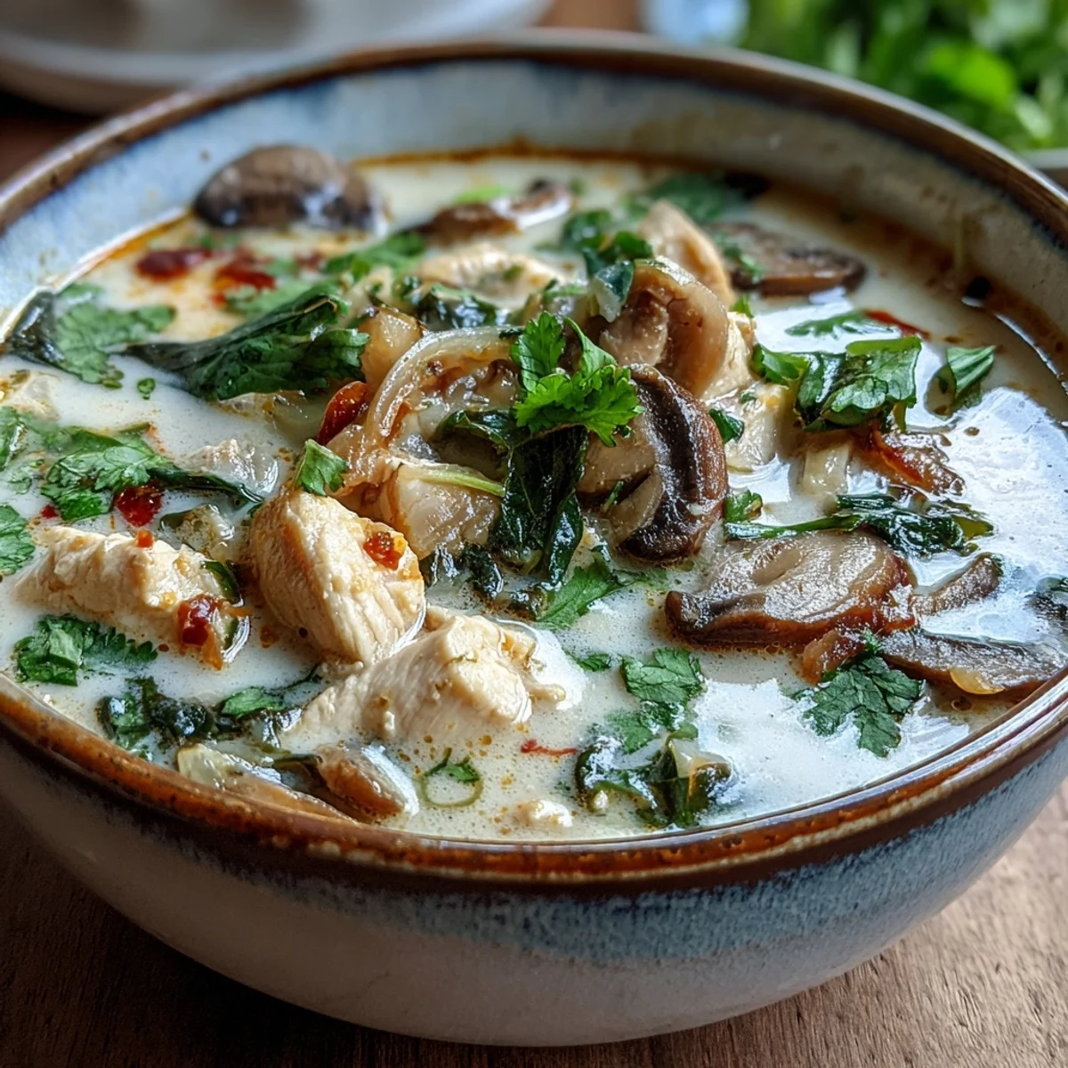 A comforting bowl of Authentic Tom Kha Gai, garnished with fresh cilantro and lime wedges.