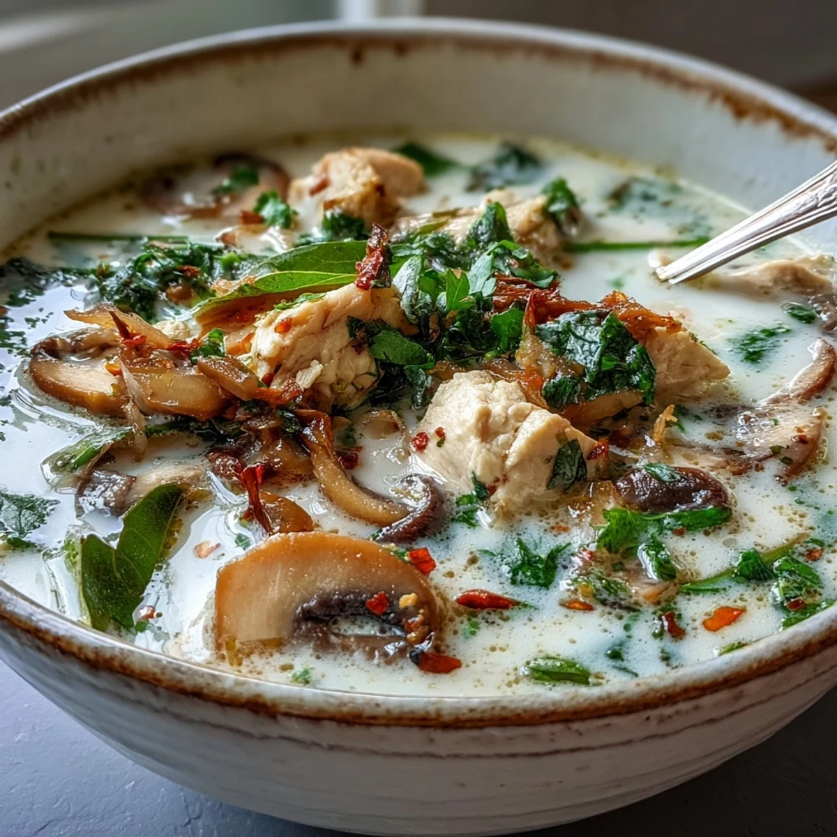 Steaming Authentic Tom Kha Gai, showcasing succulent chicken and aromatic Thai spices in coconut milk.