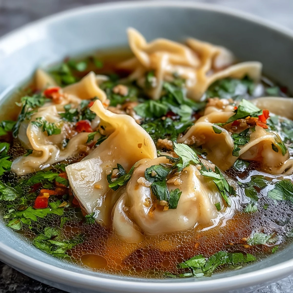 Spicy, tangy Tom Yum Wonton Soup with tender dumplings, ready to be enjoyed.