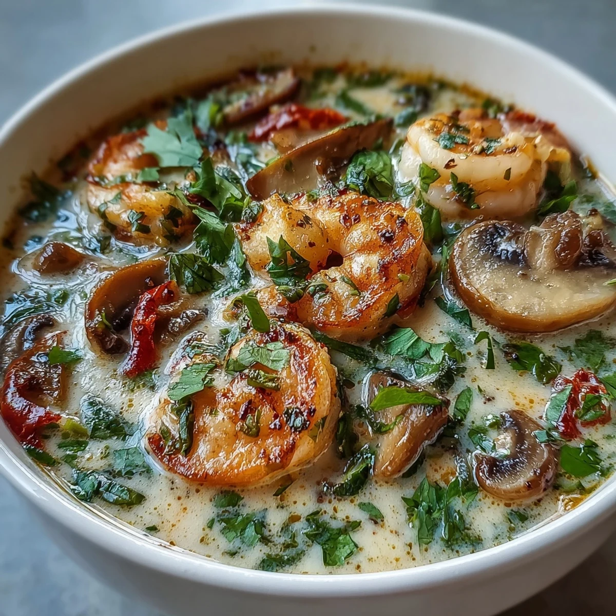 Creamy Thai Coconut Shrimp Soup bowls garnished with cilantro and lime wedges.