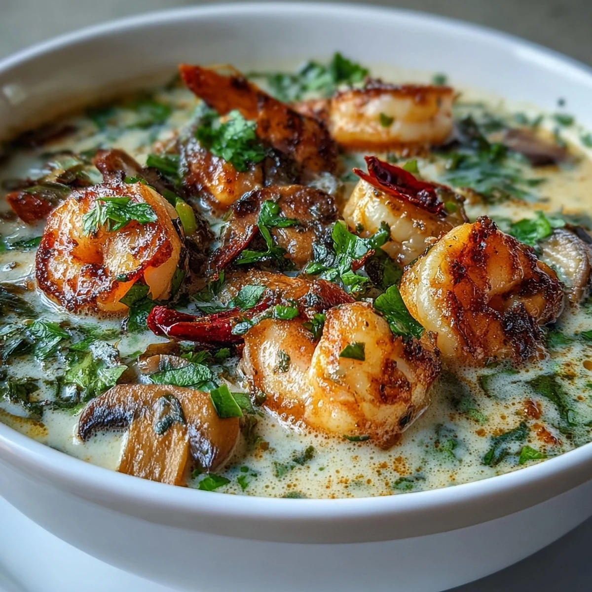 Bright Thai Coconut Shrimp Soup loaded with tender shrimp and fresh herbs.