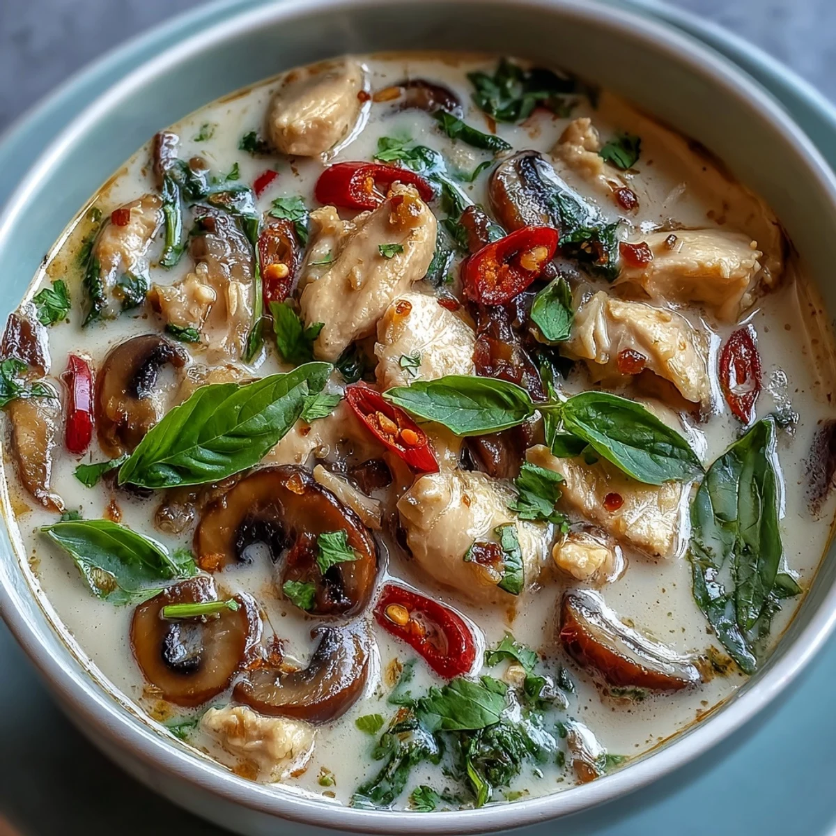 Creamy Thai Chicken Coconut Curry Soup, a comforting bowl topped with fresh herbs.