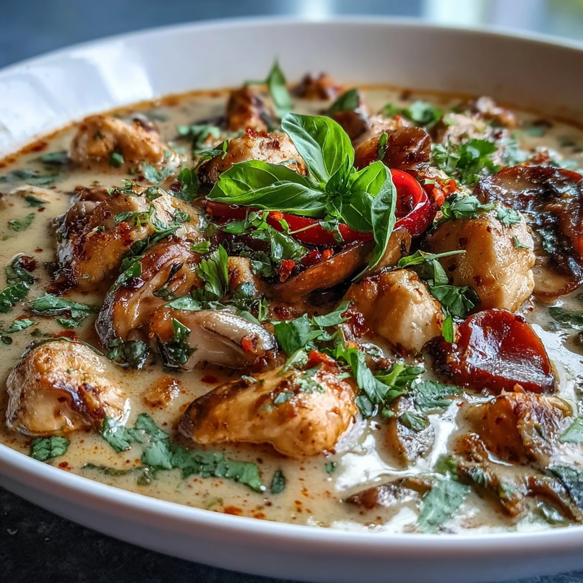 Delicious Thai Chicken Coconut Curry Soup, brimming with tender chicken and bright vegetables.