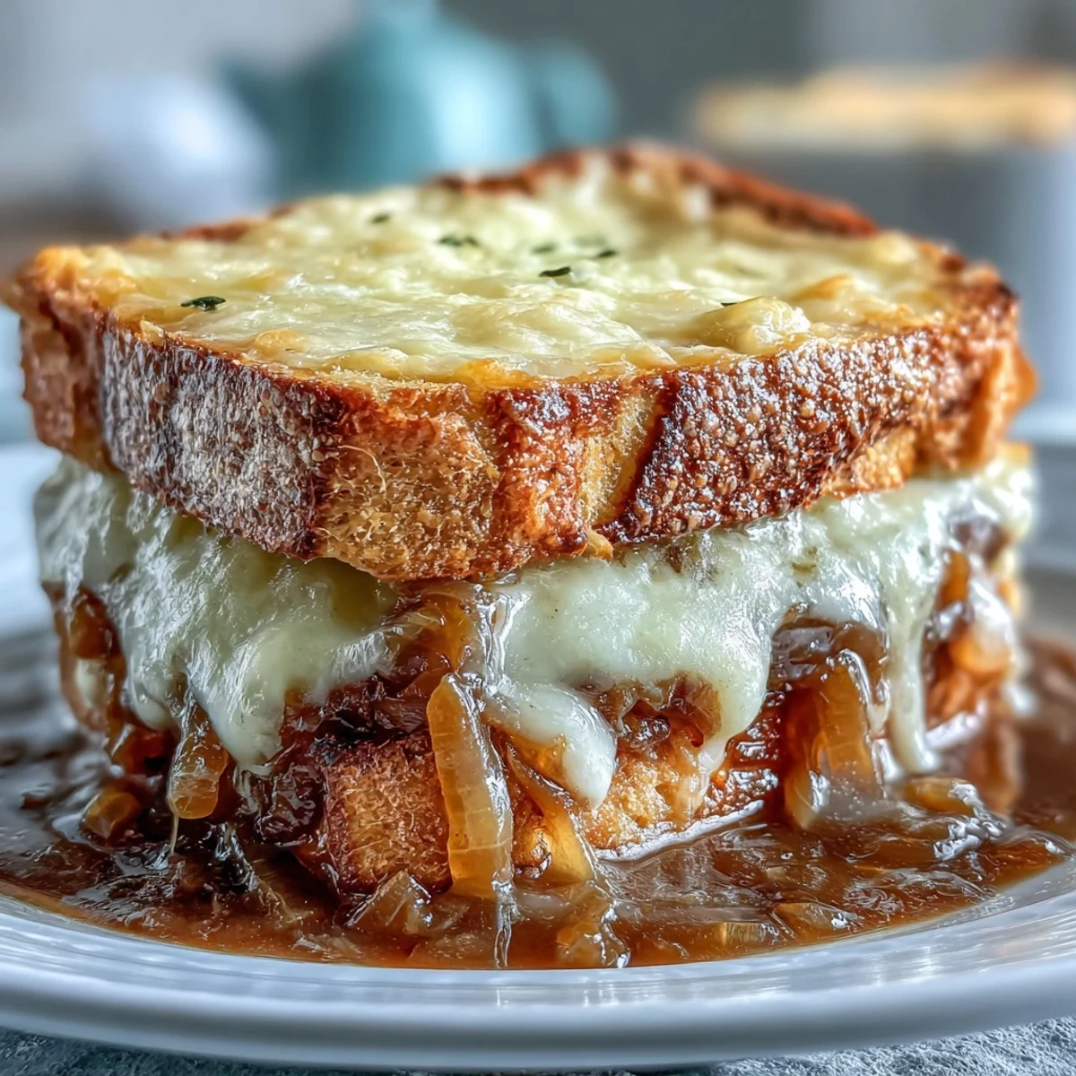 Classic French Onion Soup, bubbling with melted Gruyère, perfect for a cozy evening.