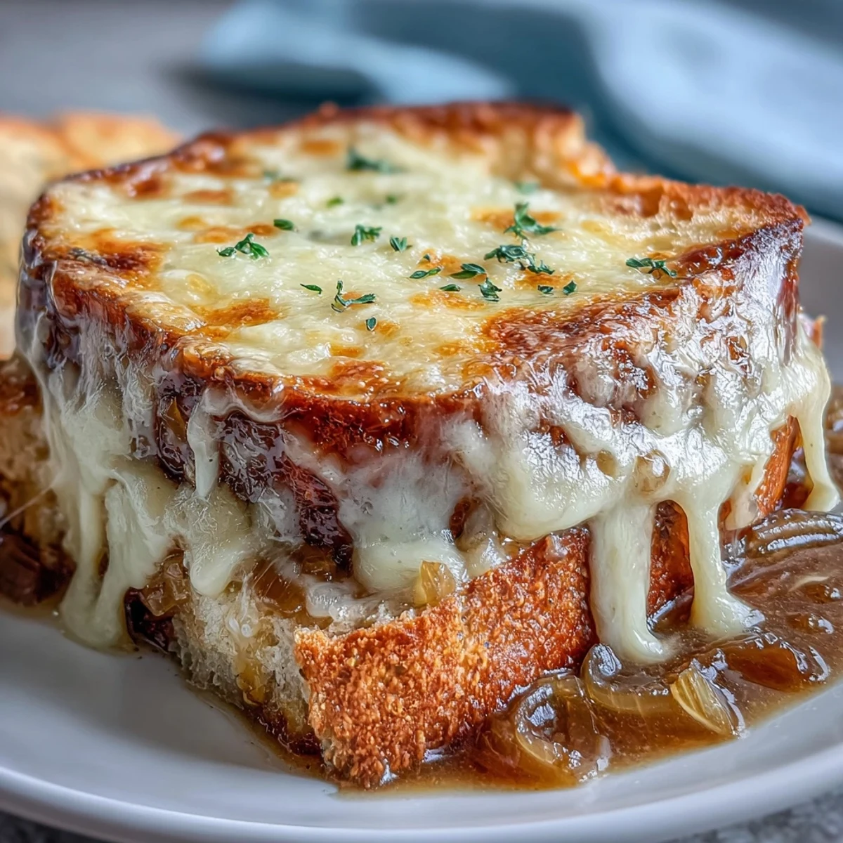 Hearty French Onion Soup, showcasing sweet caramelized onions and rich, savory broth.