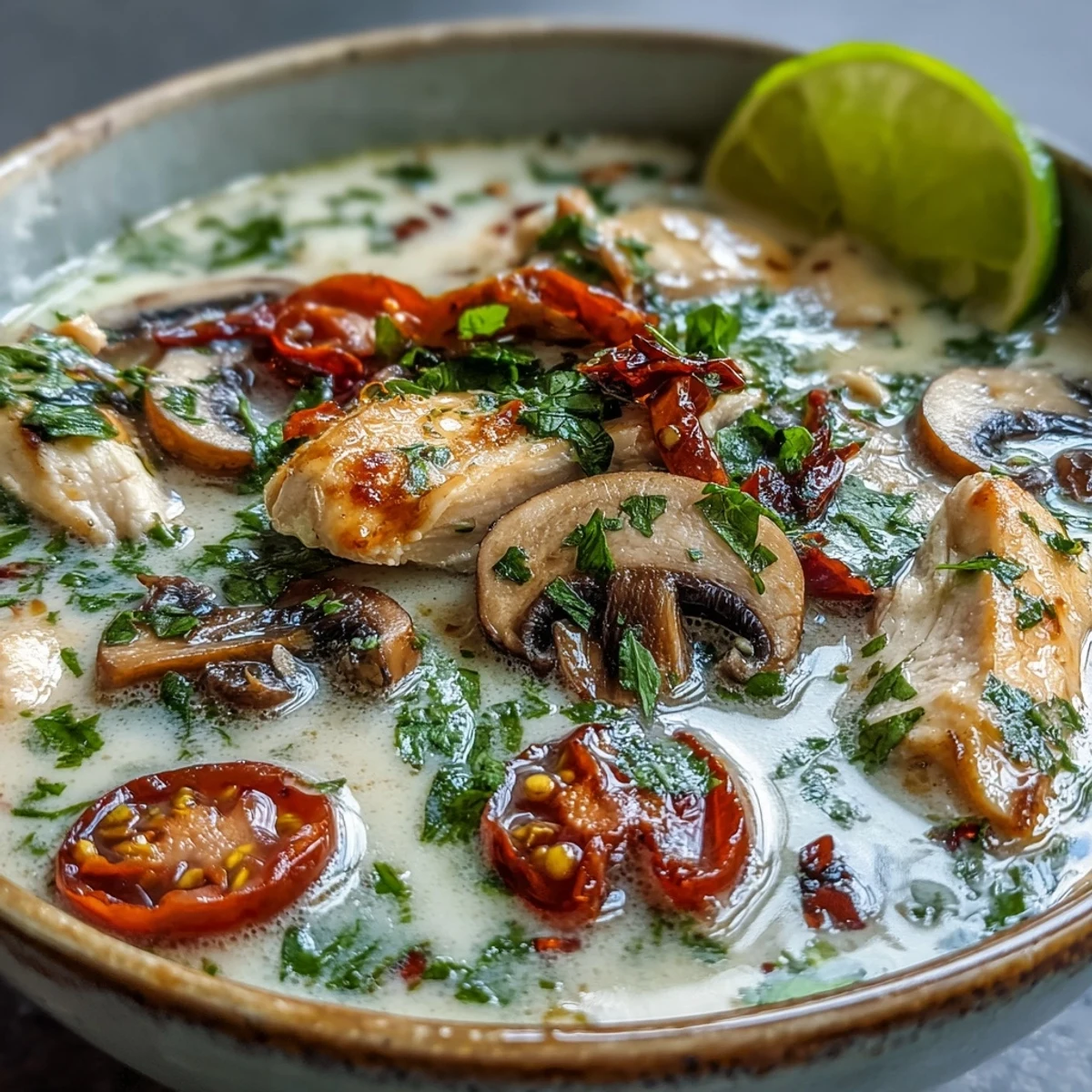 Best Ever Tom Kha Gai Soup, creamy coconut broth with tender chicken and vibrant herbs.