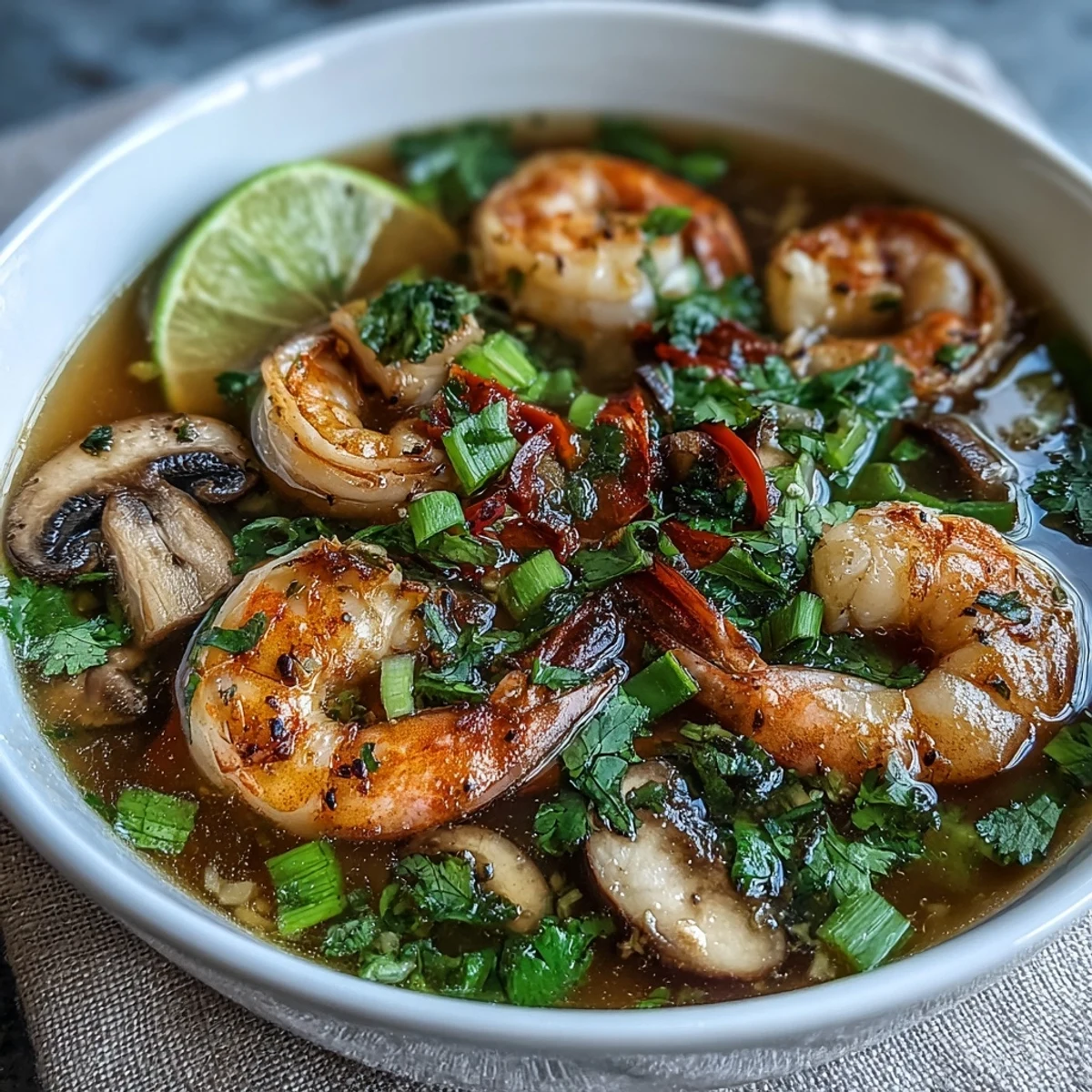 Vibrant Tom Yum Soup bursting with lemongrass, shrimp, and chili for an aromatic Thai meal.