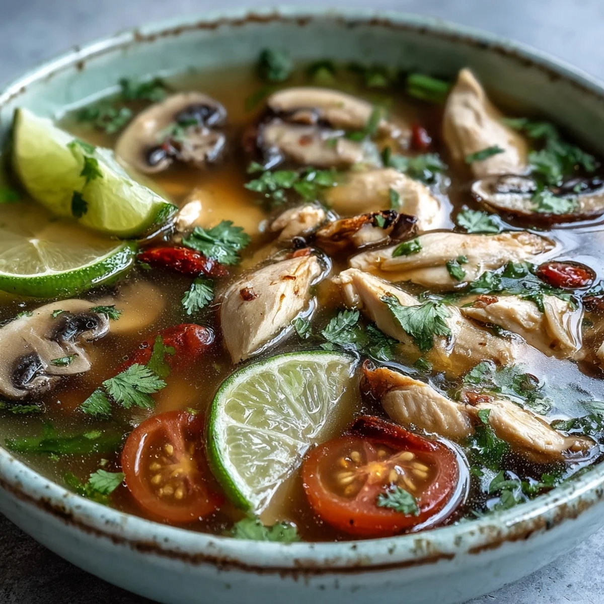 A steaming bowl of Tom Yum Chicken soup, bright with chili and lime garnish.