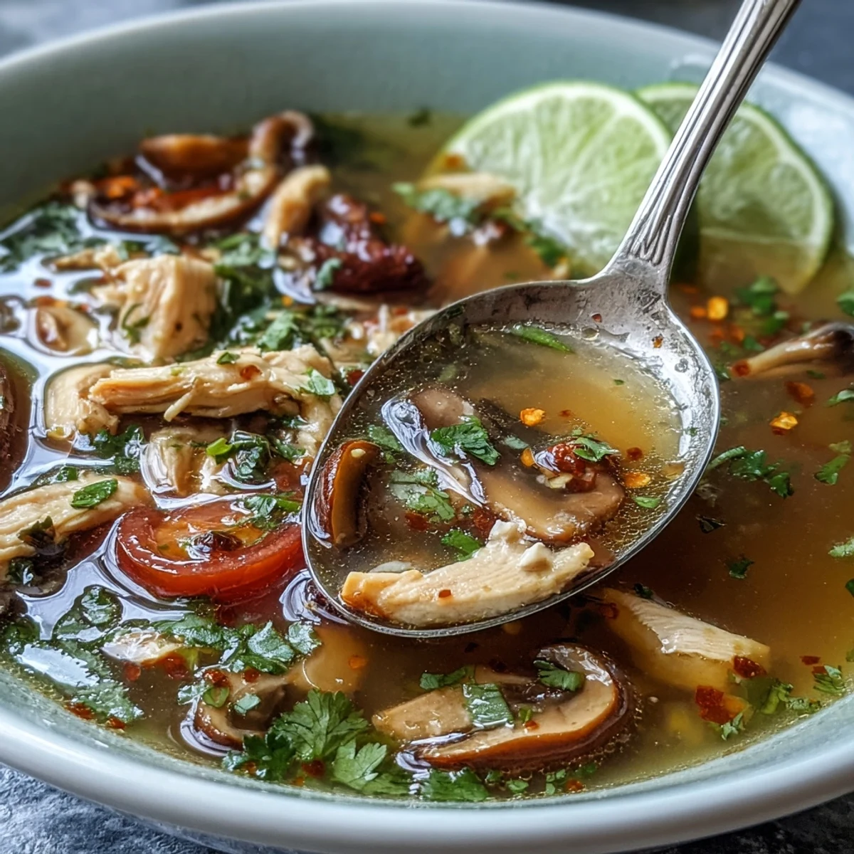 Steaming Tom Yum Gai with tender chicken and vibrant herbs, ready for serving.