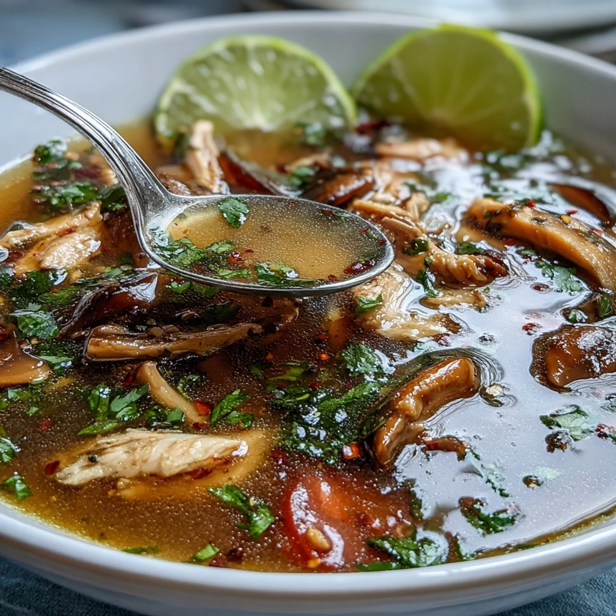 A close-up of a flavorful Tom Yum Gai bowl, showcasing its spicy-sour broth.