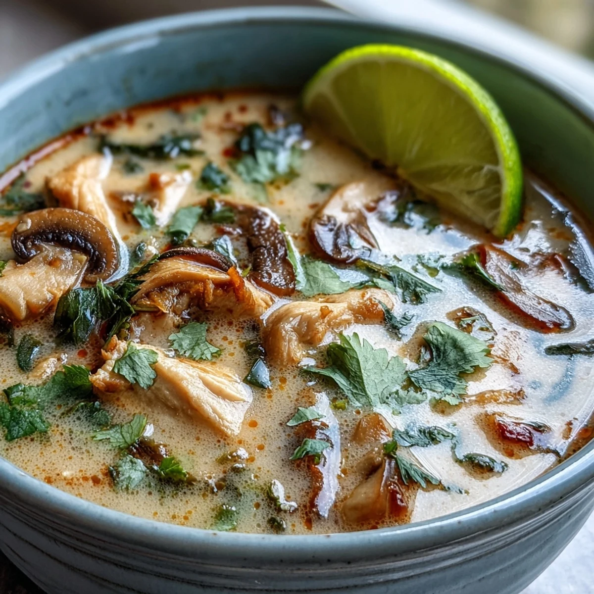 Creamy Tom Kha soup, vibrant with cilantro, ready to enjoy as a nourishing meal.