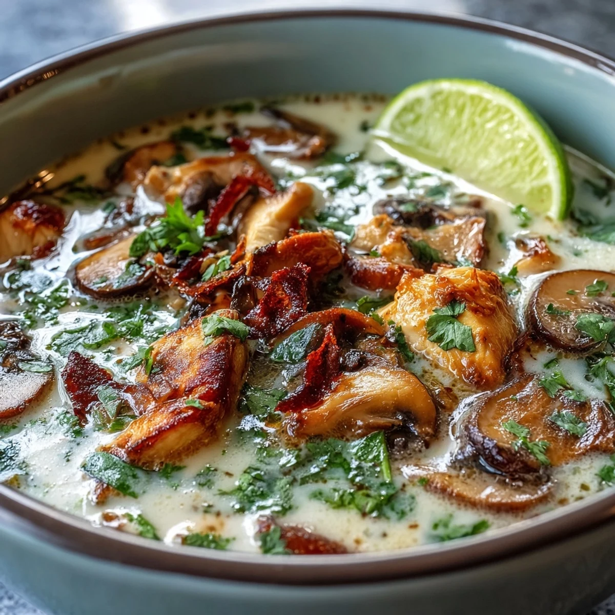 Savory Tom Kha soup overflowing with tender chicken and earthy mushrooms.