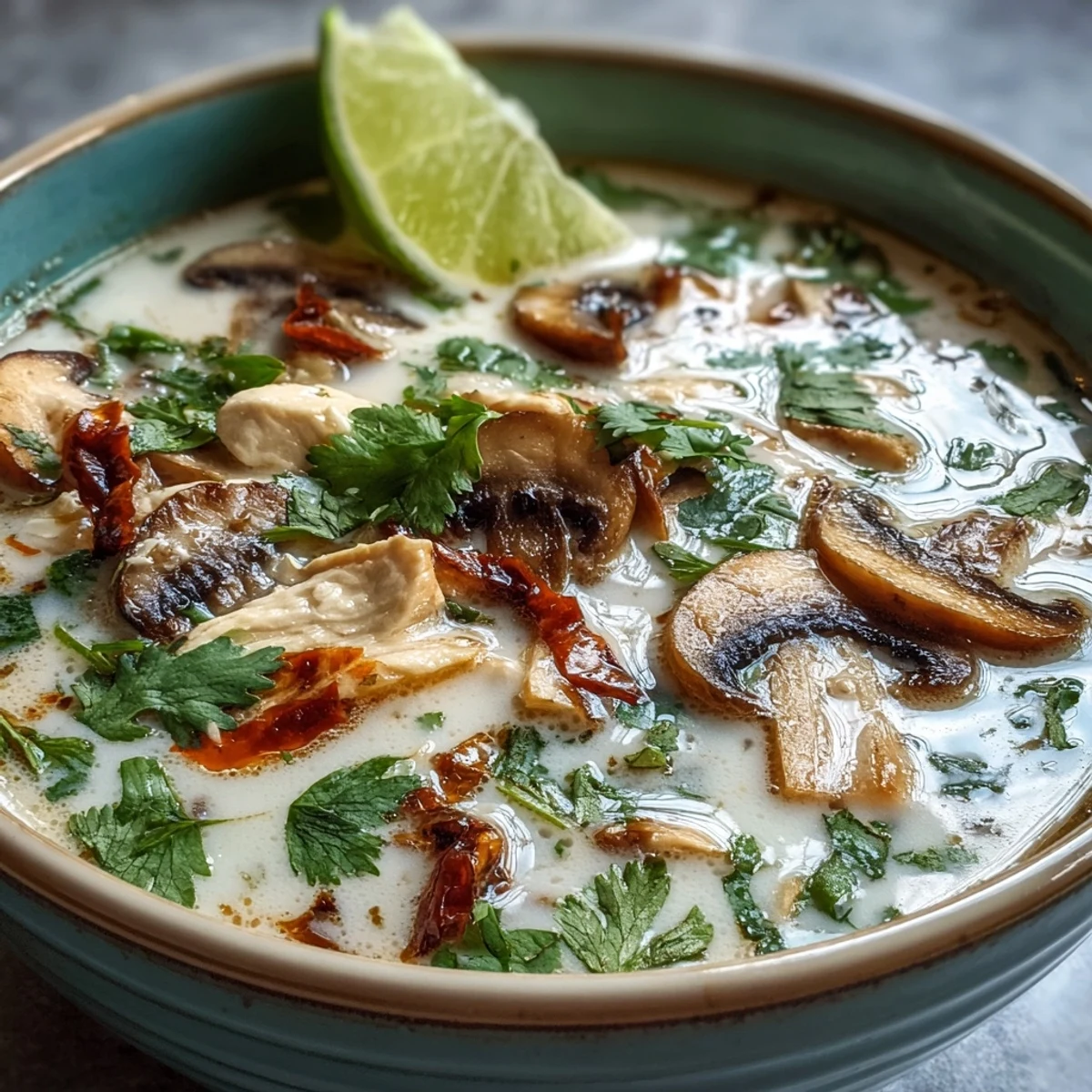 Authentic Tom Kha soup, a fragrant Thai delight with lime and chili notes.
