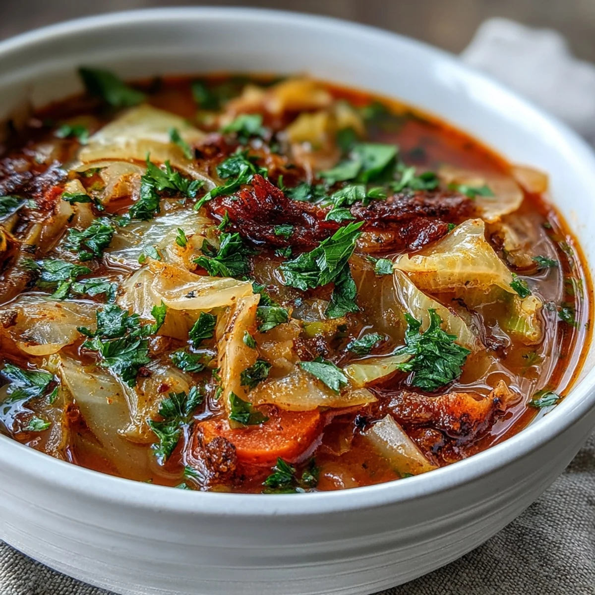 Garnished with fresh parsley, this Classic Cabbage Soup is served steaming in a rustic bowl, perfect for a light lunch. 