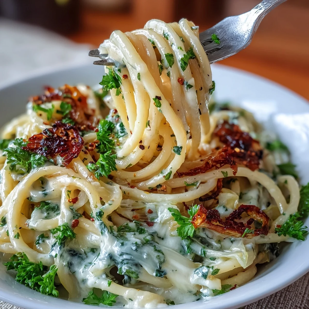 Tender caramelized cabbage and golden garlic swirl through spaghetti, finished with a generous shower of freshly grated Parmesan cheese.