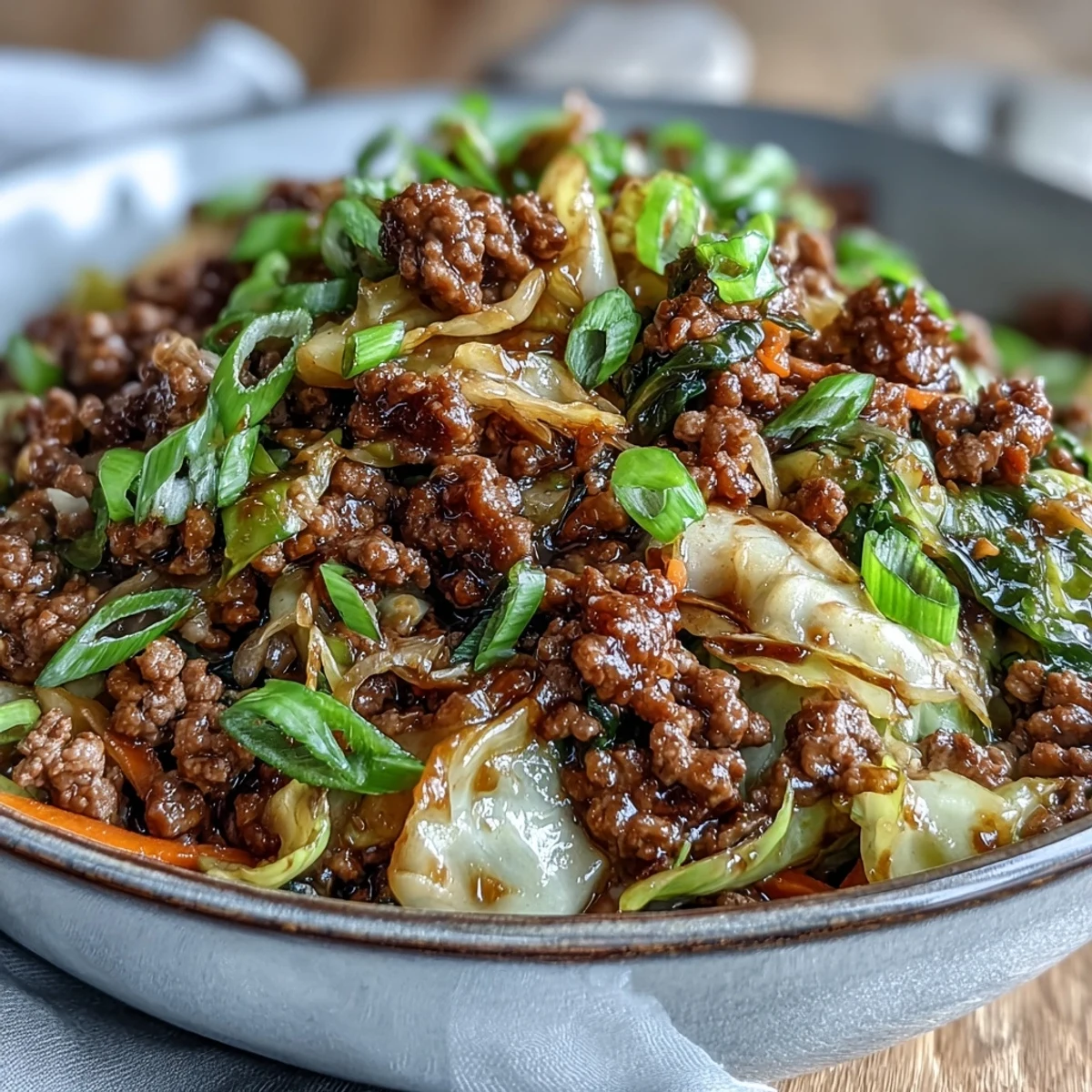 Steaming Chinese Ground Beef and Cabbage Stir-Fry with tender beef and crisp green cabbage glistening in savory sauce.  
