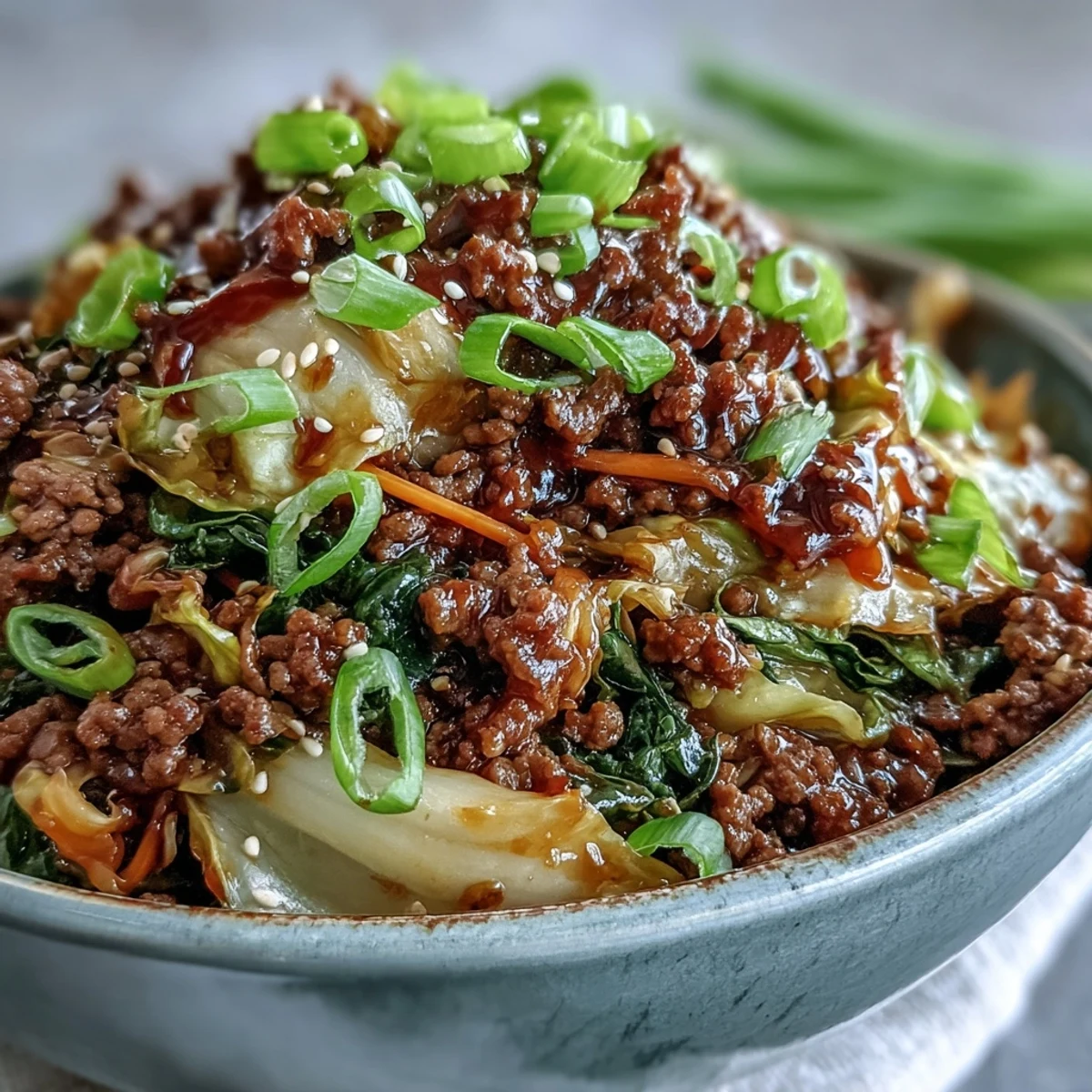 Wok-fried Chinese Ground Beef and Cabbage Stir-Fry, served hot with julienned carrots for vibrant color.