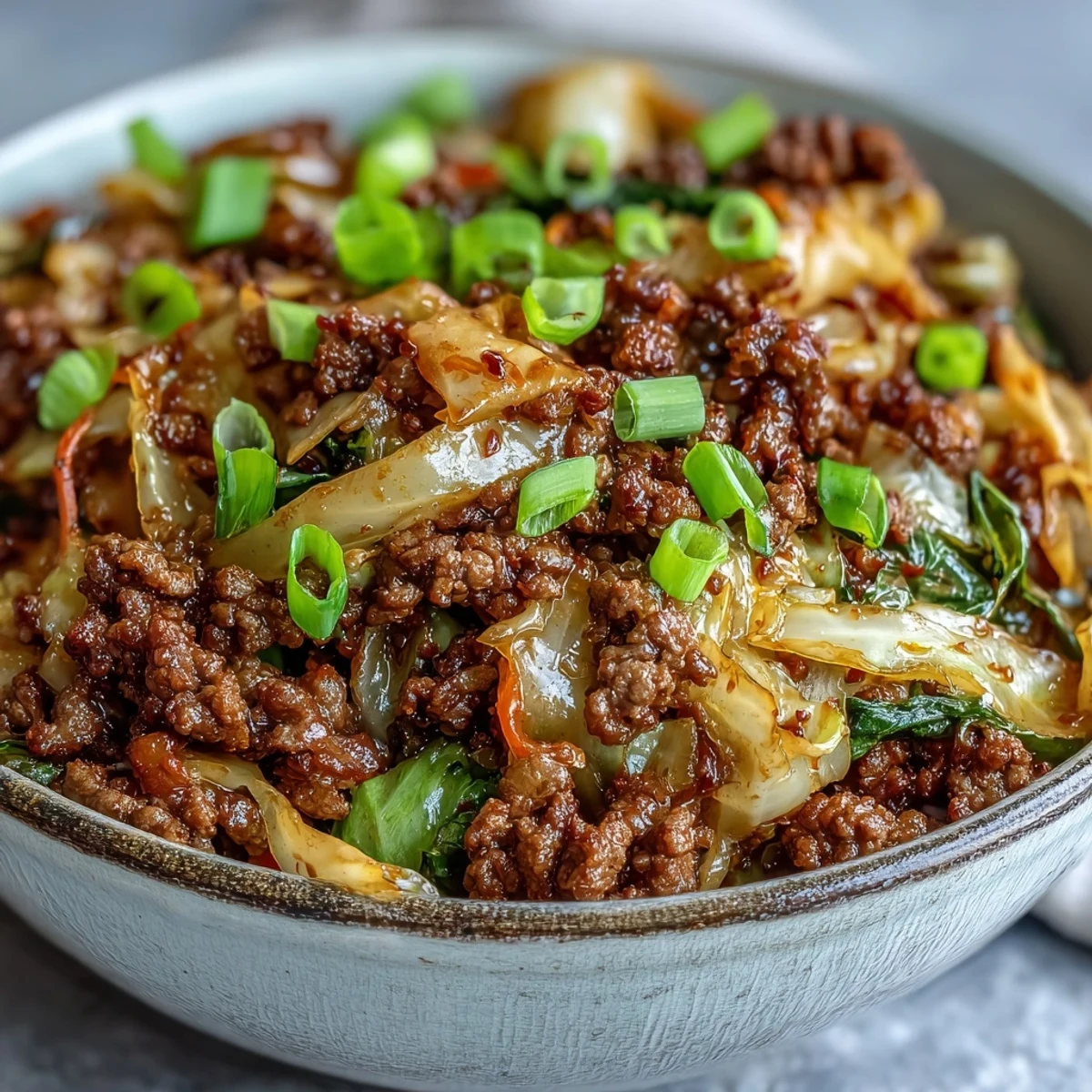 A close-up of Chinese Ground Beef and Cabbage Stir-Fry, garnished with green onions and sesame seeds.  