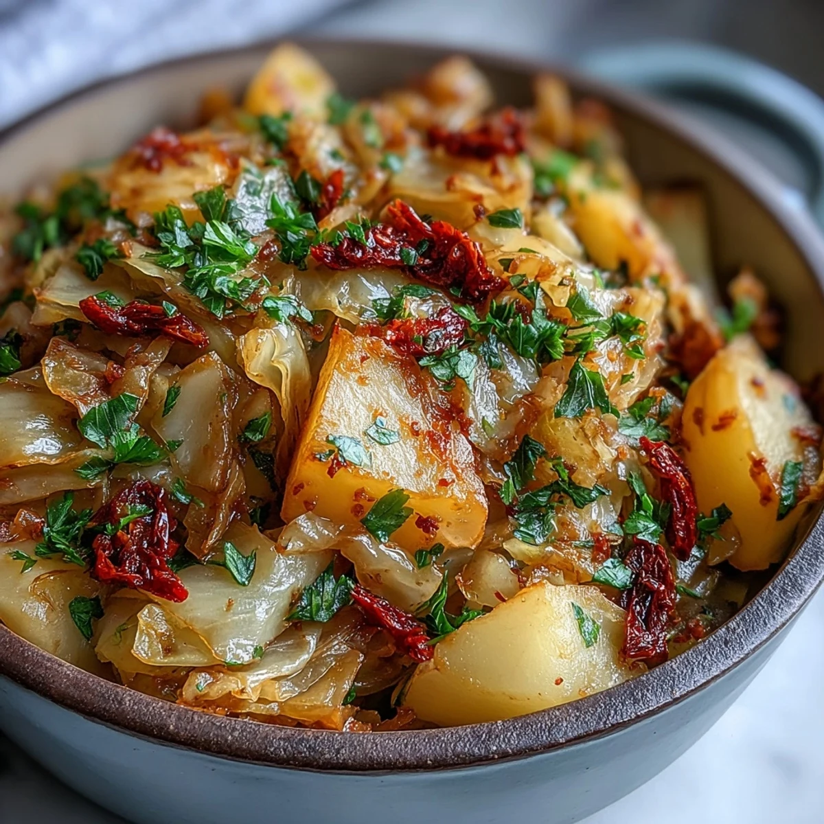 Tender braised cabbage with potatoes and chili, buttery and soft, served steaming from a rustic pot for a cozy meal.