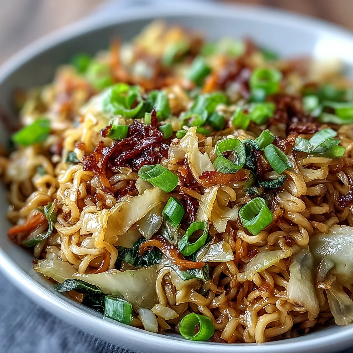 Fried Cabbage Ramen tossed in a savory sauce with crunchy cabbage and tender noodles in a skillet.
