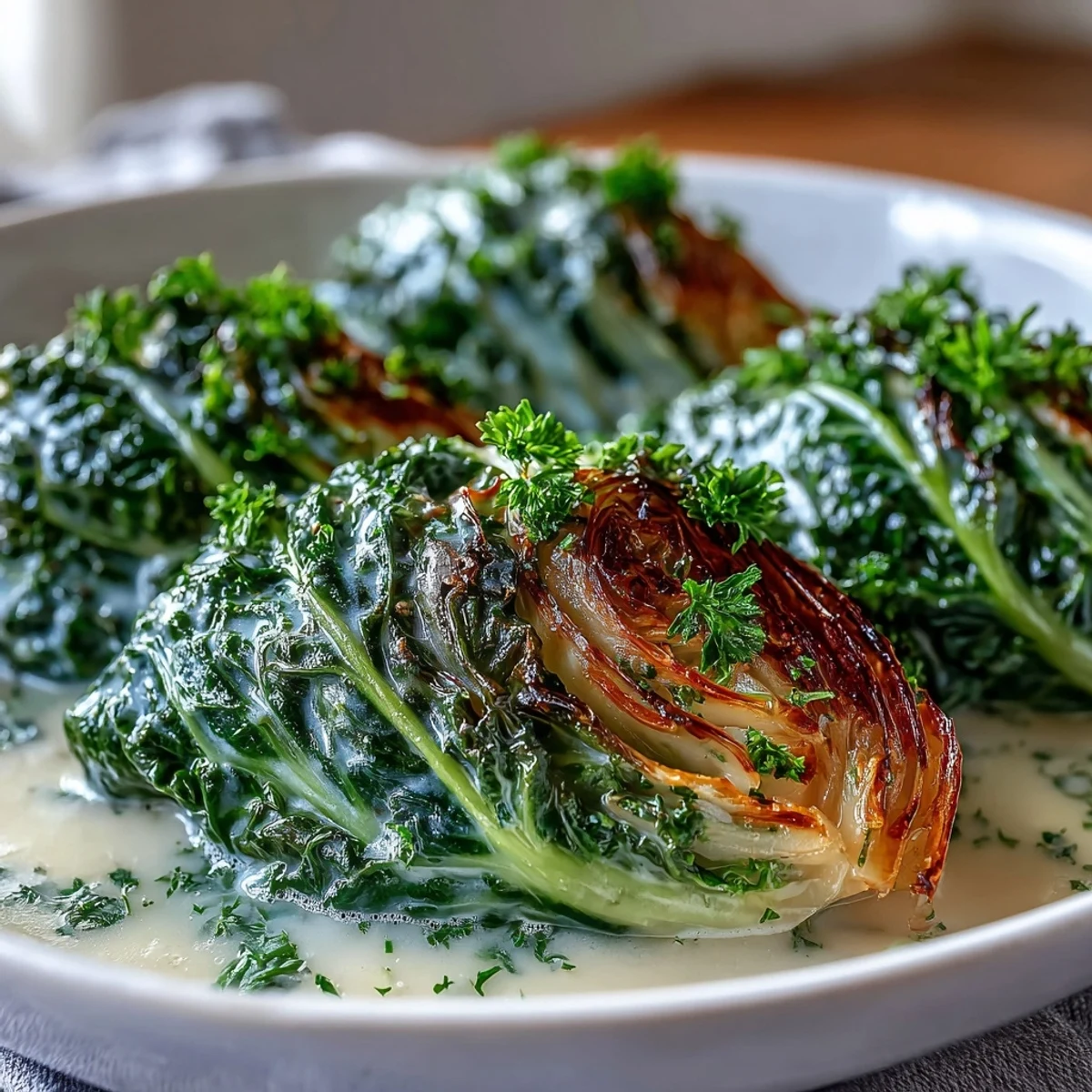 Tender wedges of cabbage simmer in a creamy parmesan broth, garnished with fresh chives and parsley.