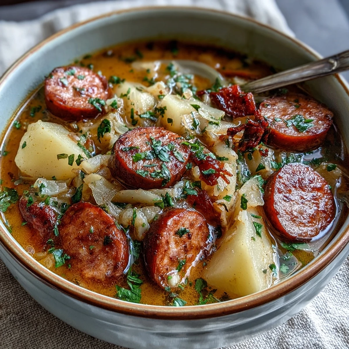 Close-up of Sausage, Potato and Cabbage Soup with tender vegetables and smoked sausage slices.