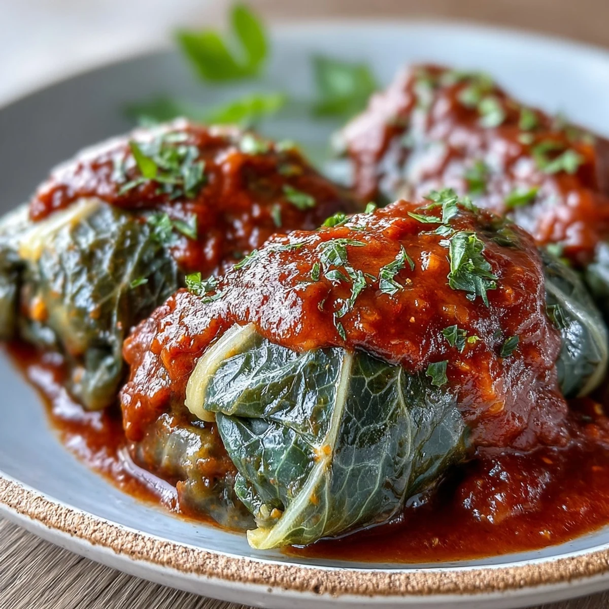 Golden-brown Baked Vegan Cabbage Rolls bubbling in a dish of rich tomato sauce and fresh parsley.