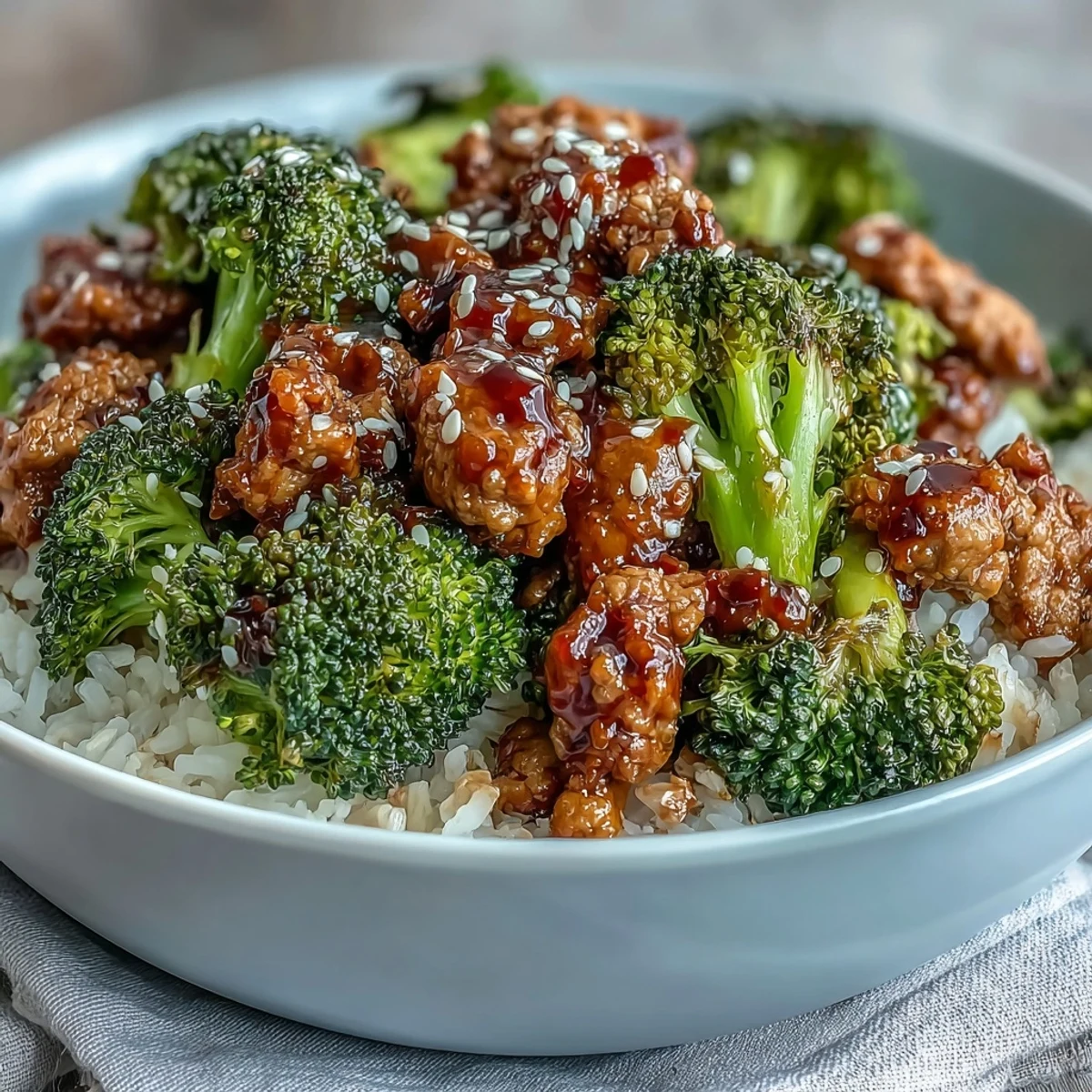 A close-up photo of Sweet and Spicy Turkey Broccoli Bowls with glazed ground turkey over steamed broccoli and brown rice.