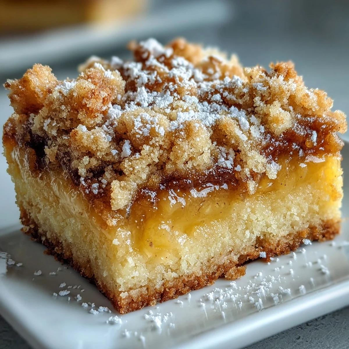 Homemade Lemon Crumb Bars are sliced into squares on a marble countertop, ready to be enjoyed with a cup of hot tea.