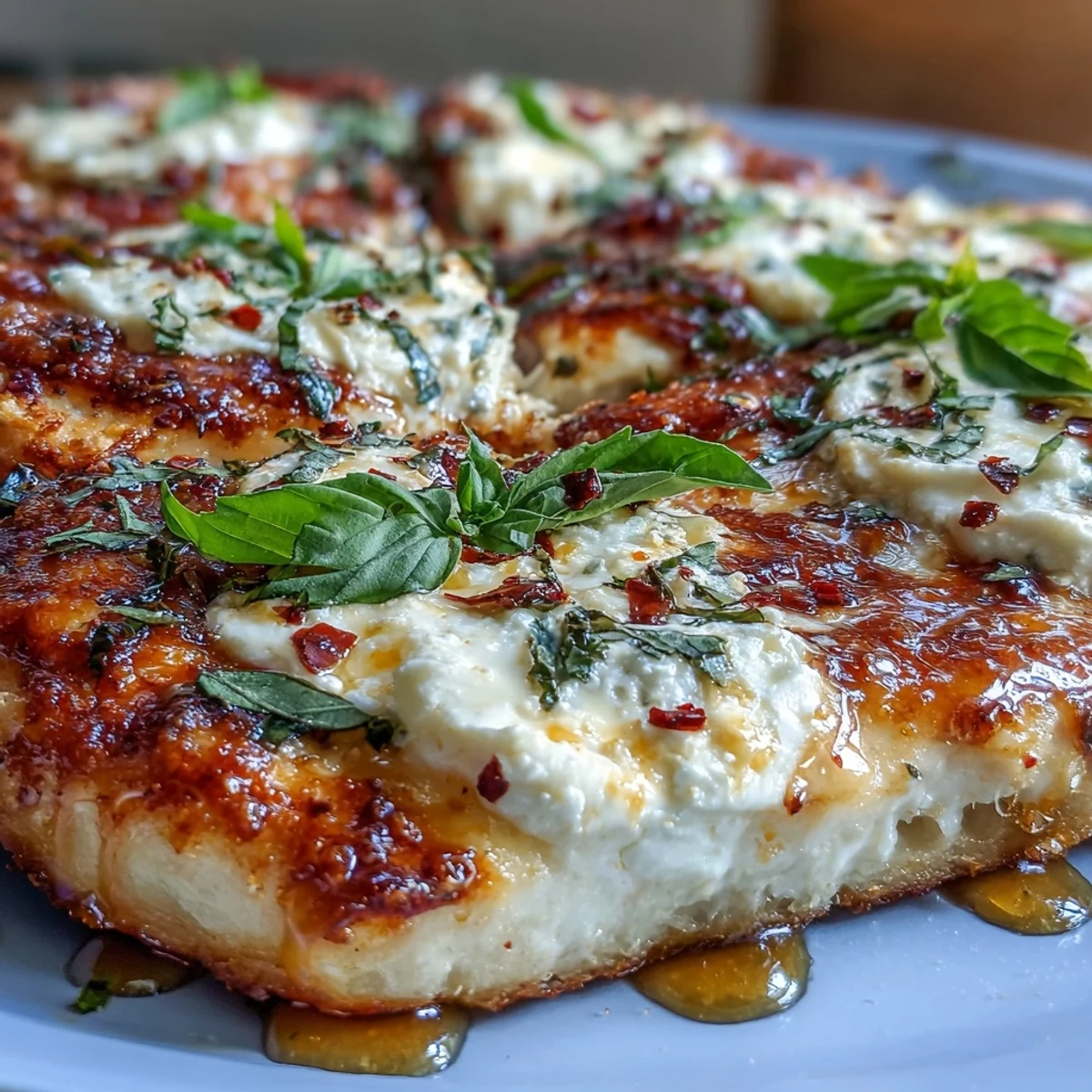 Close-up of Hot Honey Ricotta Pizza drizzled with spicy honey, showing a thick, fluffy crust and melted cheese.