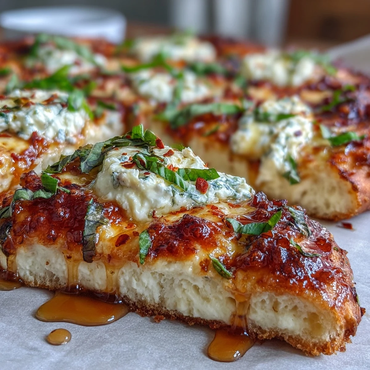 Hot Honey Ricotta Pizza slice lifted, revealing a golden, airy crust and a sweet, spicy, cheesy interior.
