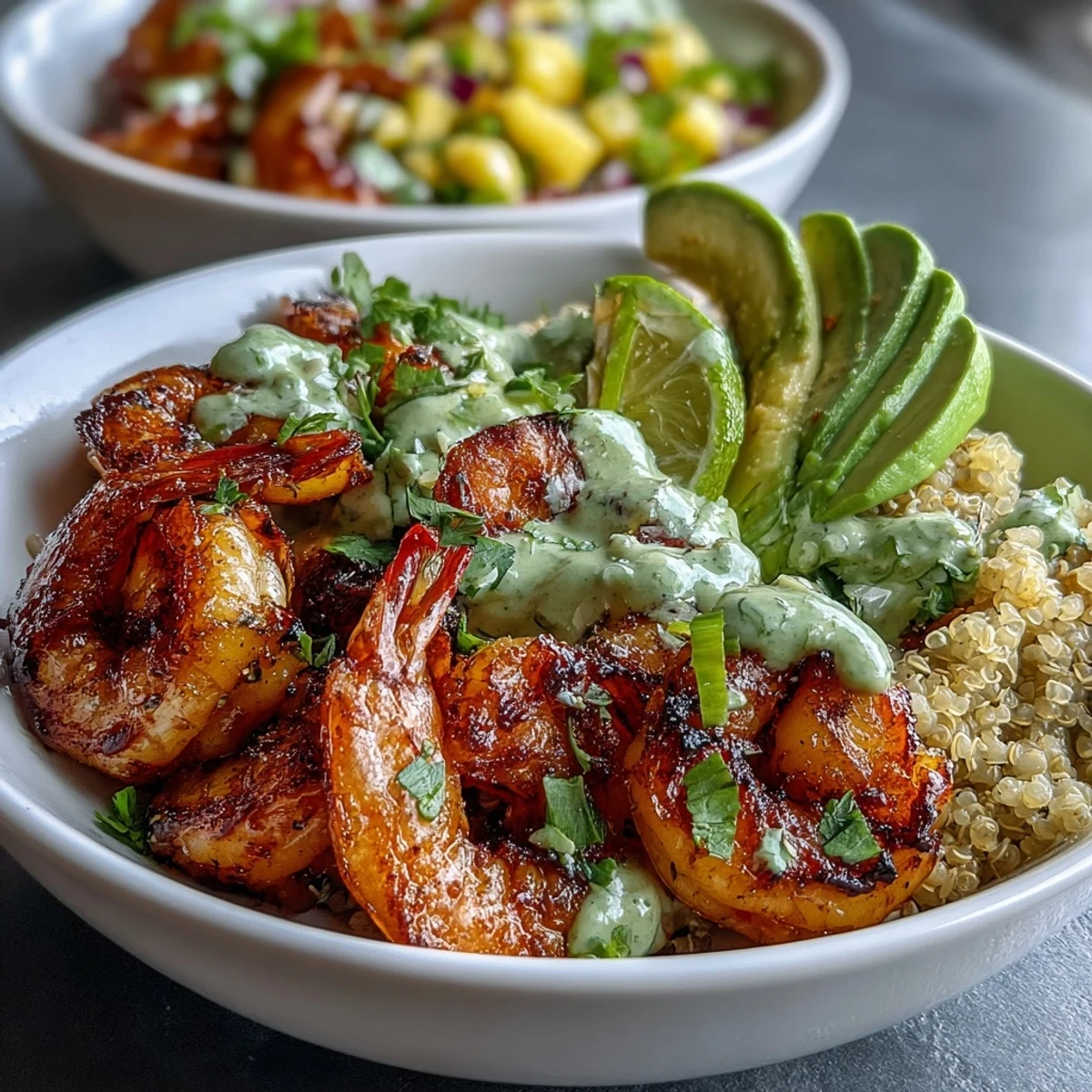 Fresh Shrimp and Creamy Avocado Bowls feature smoky grilled shrimp, fluffy quinoa, and a spoonful of vibrant mango salsa.
