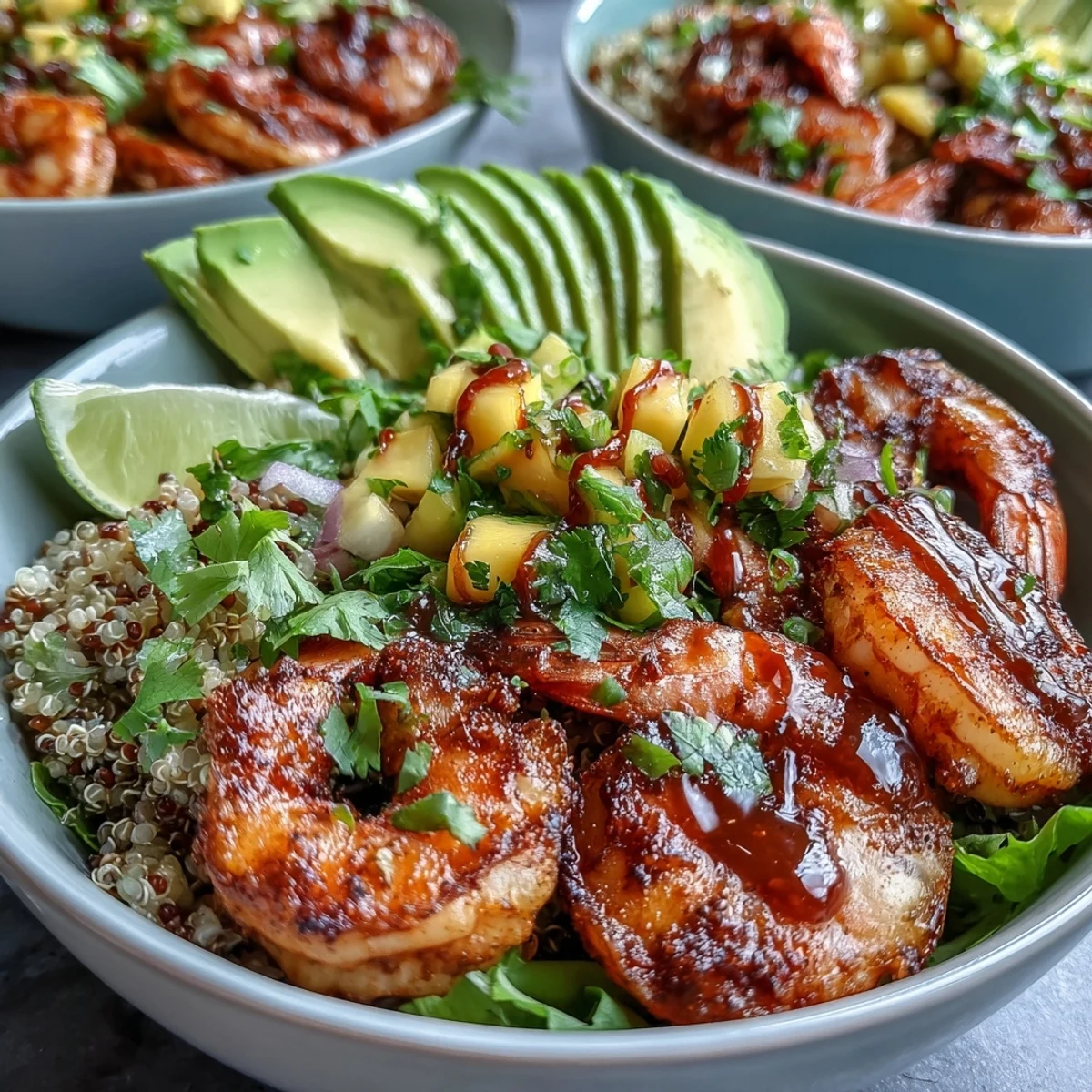 Grilled shrimp, nutty quinoa, and creamy avocado bowls topped with fresh mango salsa and lime wedges.