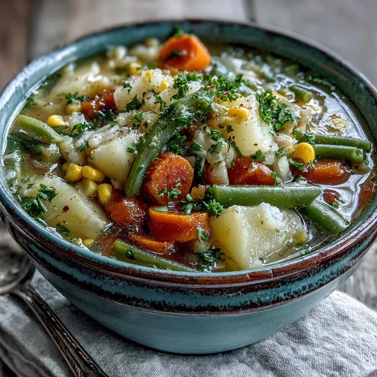 A steaming bowl of Amish Snow Day Soup filled with tender carrots, potatoes, and corn in a creamy broth.
