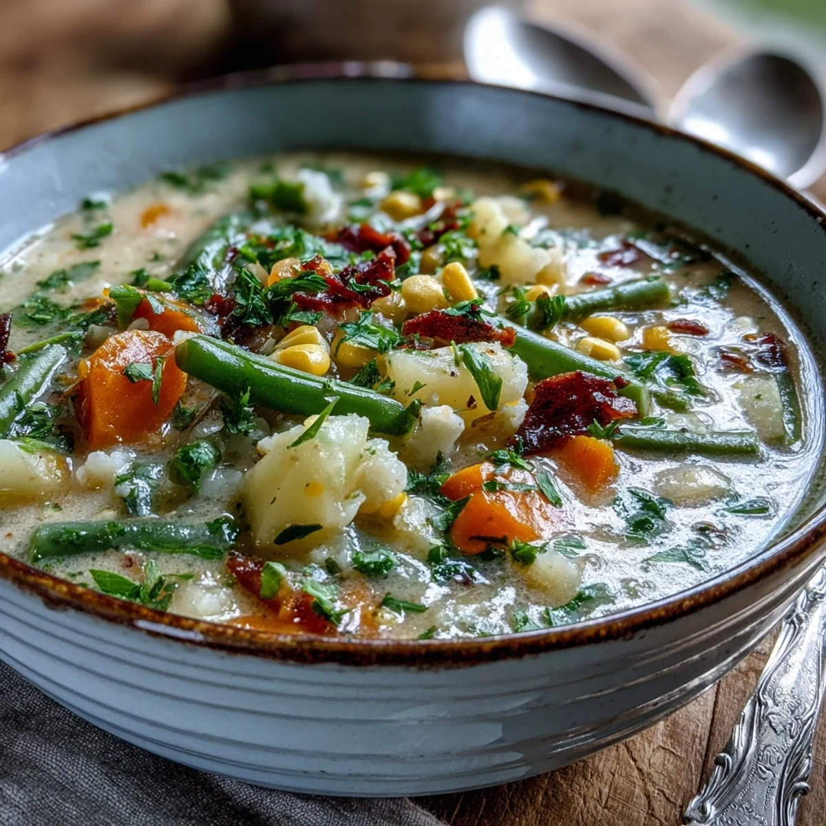 A ladle scooping up hearty Amish Snow Day Soup from a Dutch oven, featuring diced vegetables and thyme.