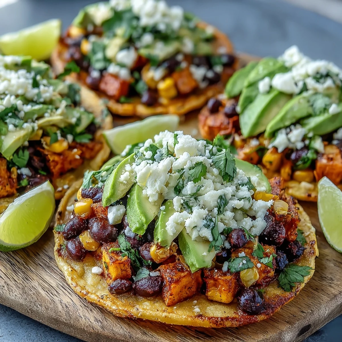 Crispy tostada shells piled high with caramelized sweet potato cubes and lime-kissed black beans for Black Bean and Sweet Potato Tostadas.