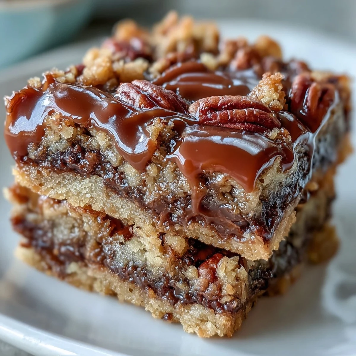 Decadent Sweet and Chewy Turtle Bars with Chocolate and Caramel are arranged on a white plate with a glass of milk.